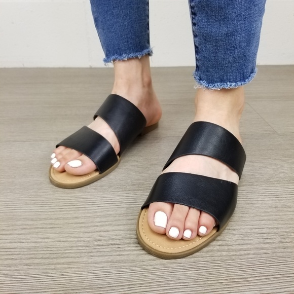Black Vegan Leather Flat Comfort Sandals - Picture 3 of 7